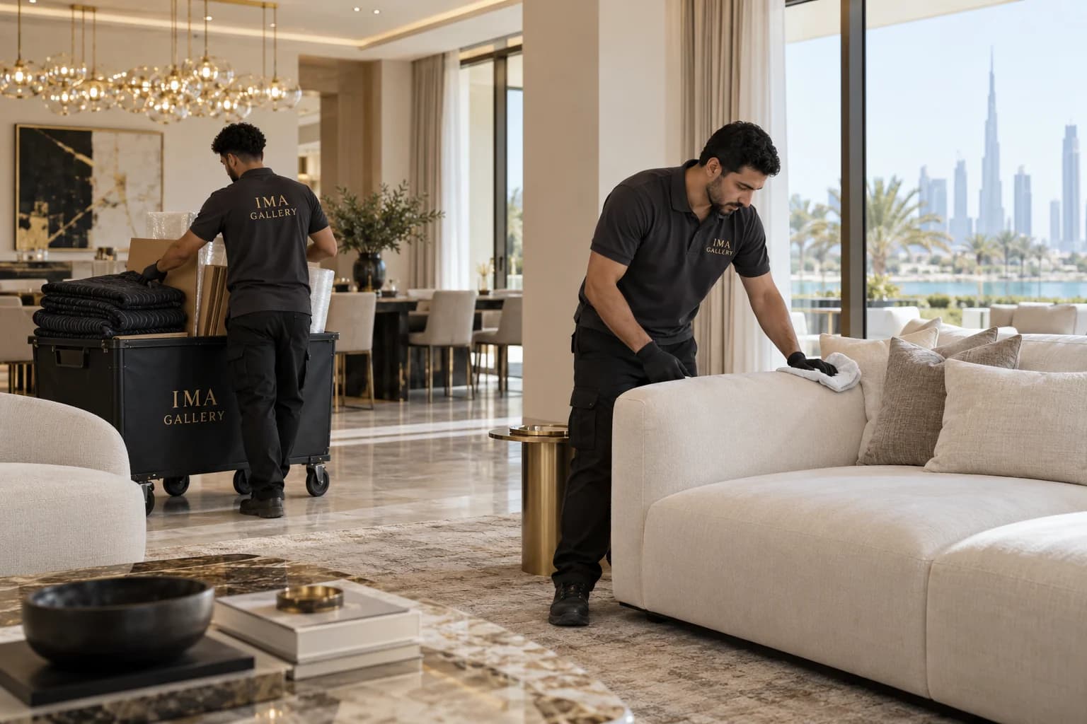 Uniformed team cleaning a sofa and collecting packaging in a completed living room