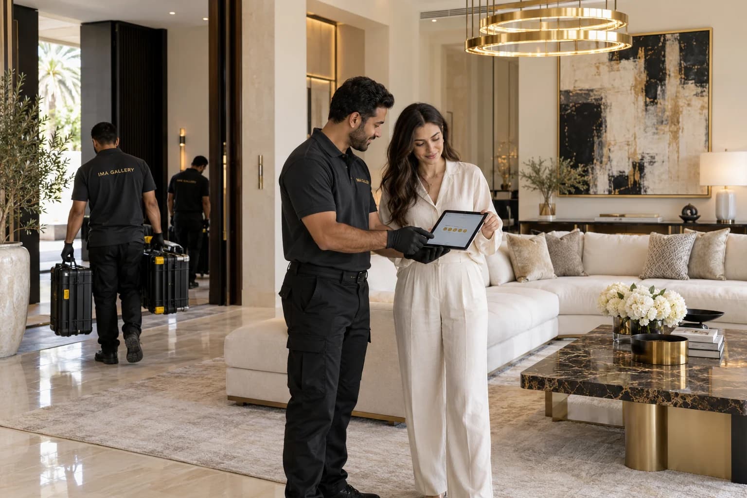 Team leader presenting an iPad to a customer for final delivery feedback