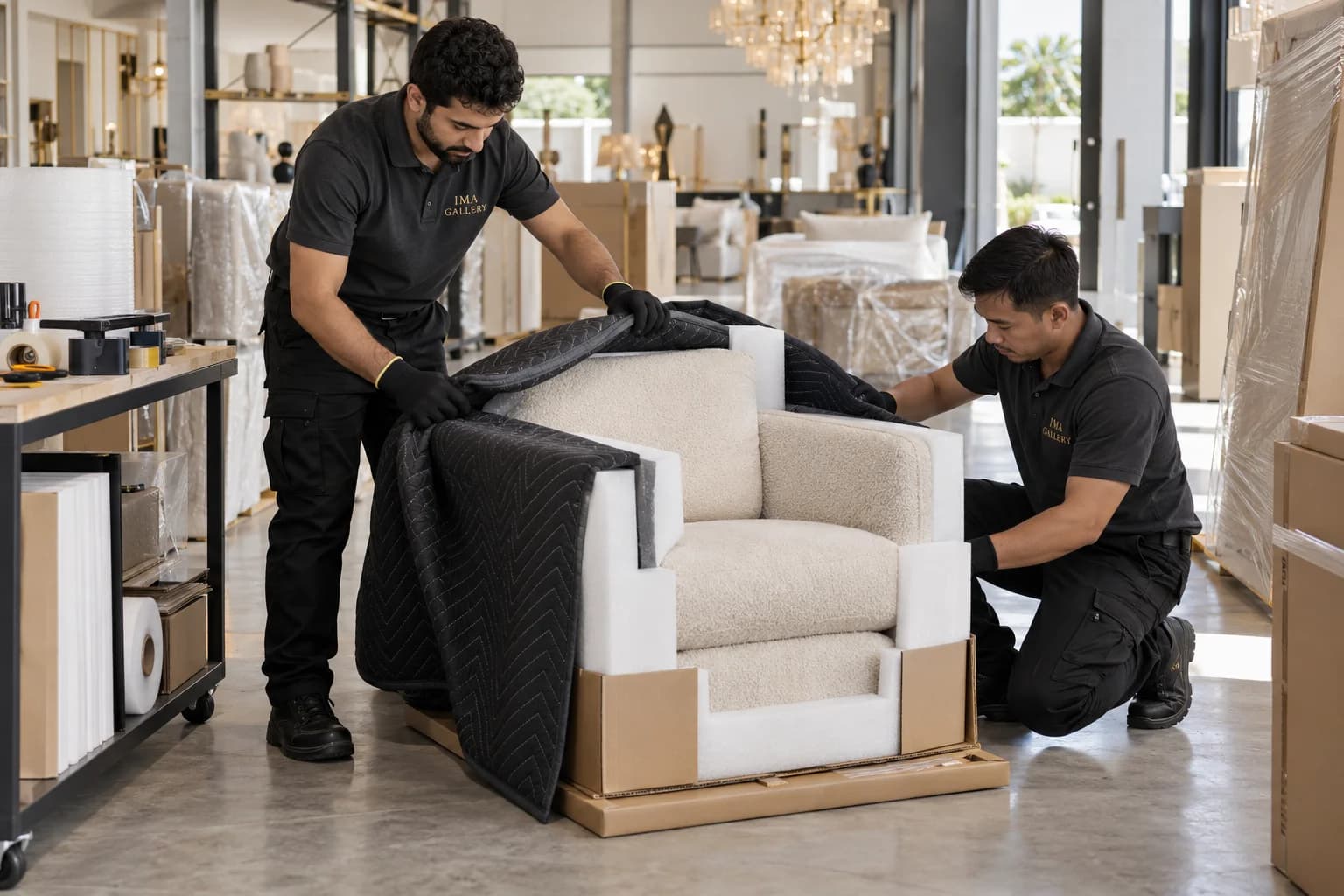 Uniformed team carefully protecting a designer armchair with padded packaging