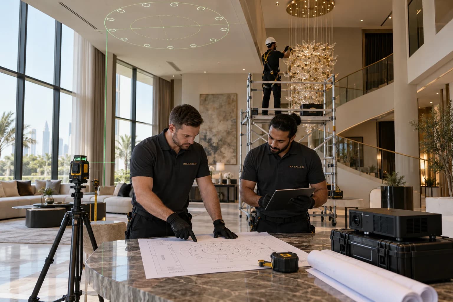 Technical crew reviewing printed chandelier layouts with a laser level and ceiling projector