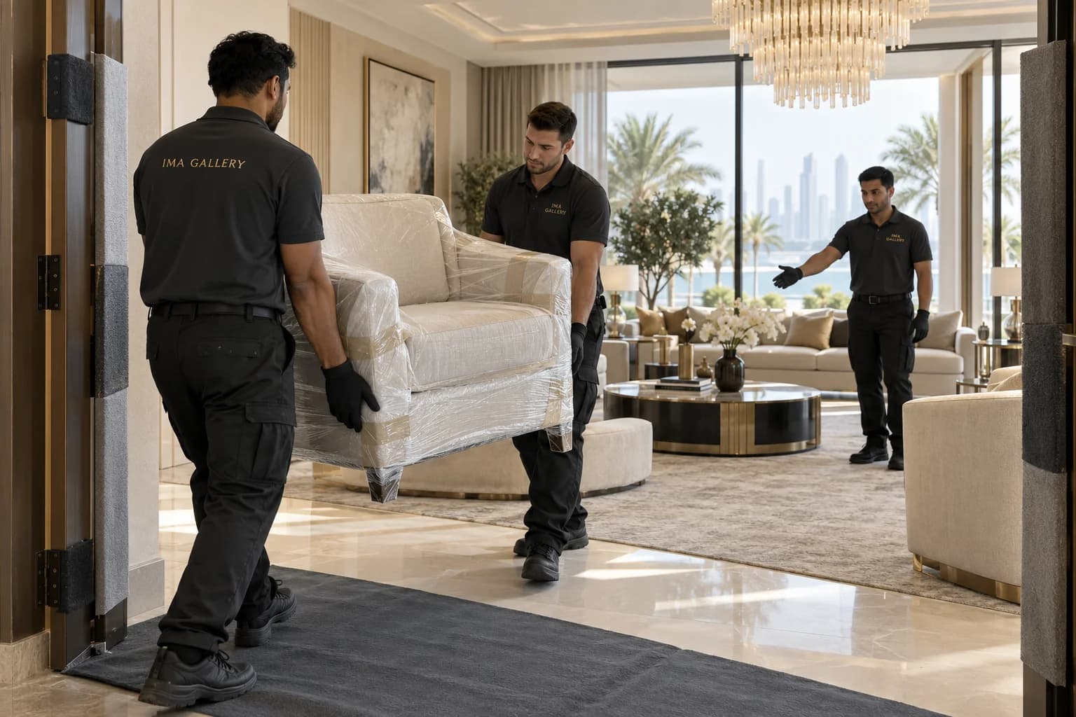 Delivery professionals moving a protected armchair into a villa living room