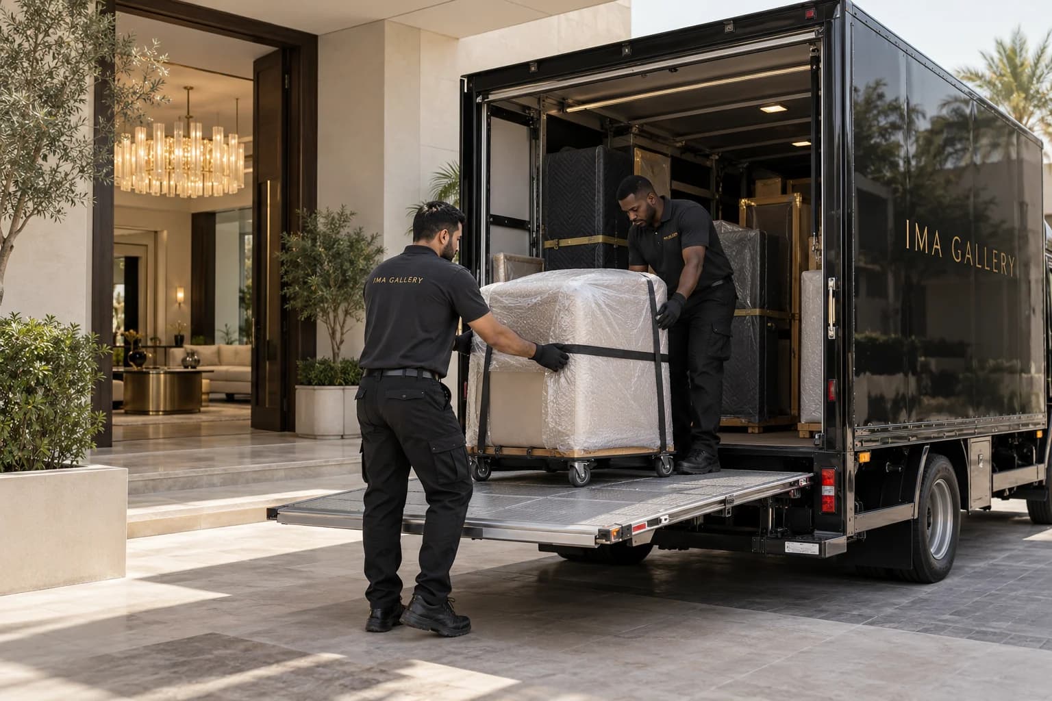 IMA Gallery branded delivery vehicle with professionals loading protected furniture