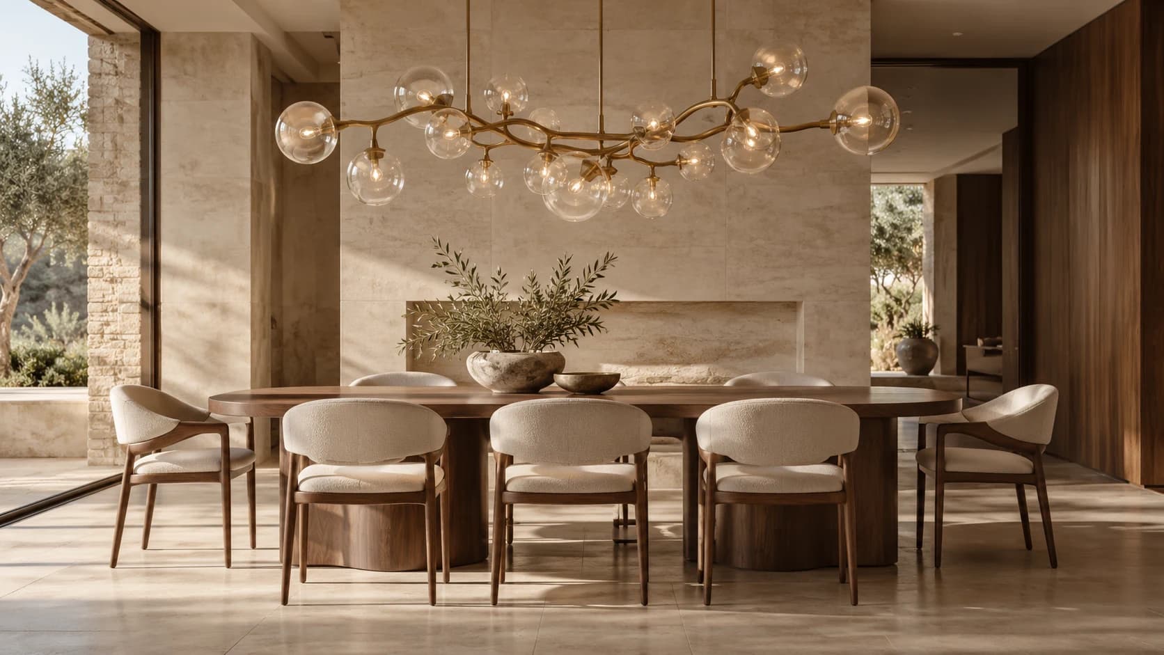 Sculptural chandelier over an elegant dining setting