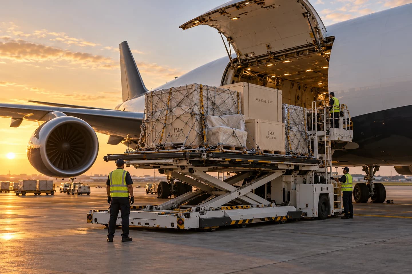 Illustrative secured export crates being loaded onto an unbranded cargo aircraft