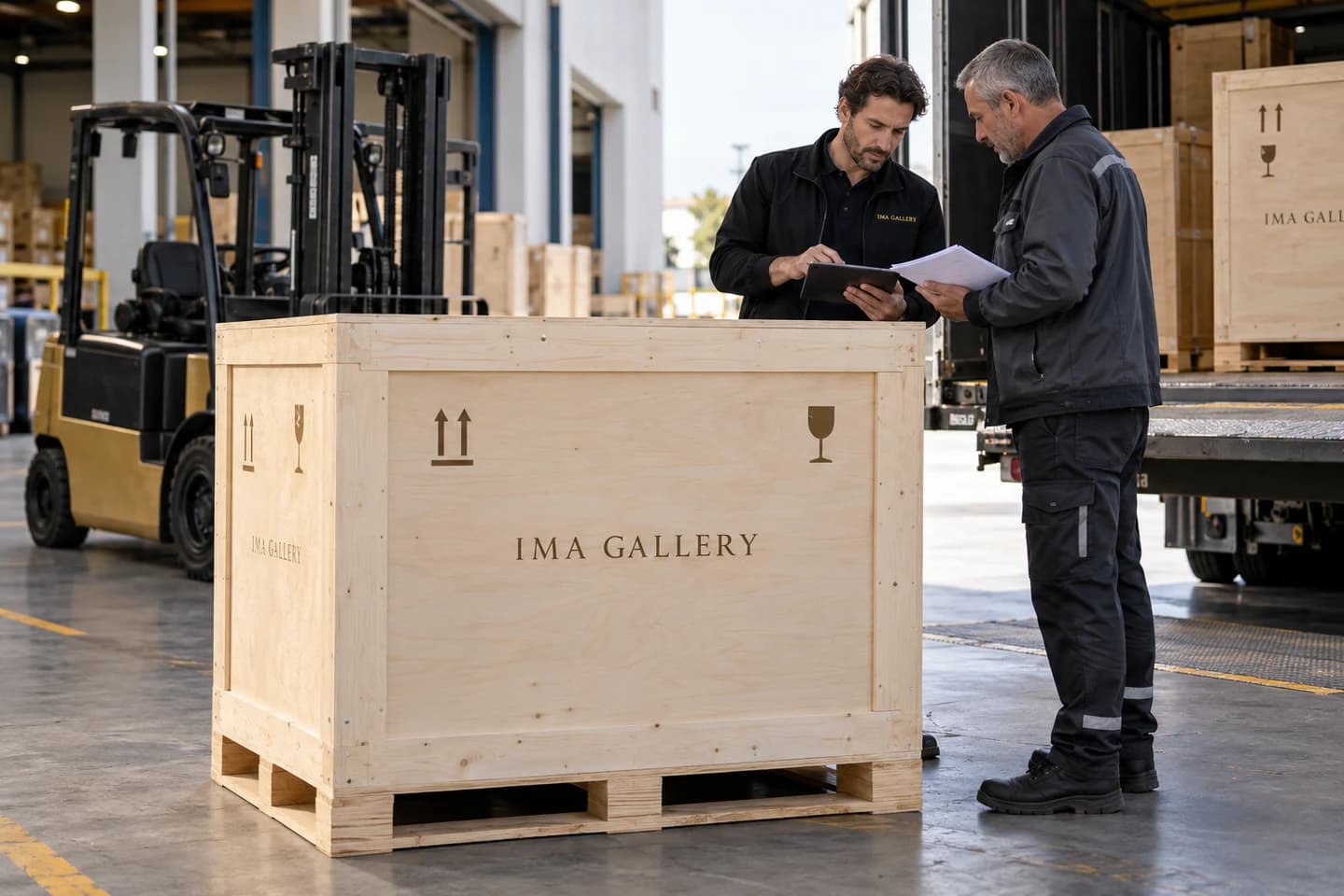 Illustrative IMA coordinator reviewing a secured wooden crate and shipment details with a cargo agent