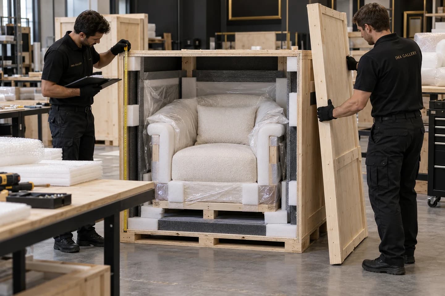 Illustrative IMA team measuring and packing a protected armchair inside a fitted wooden export crate