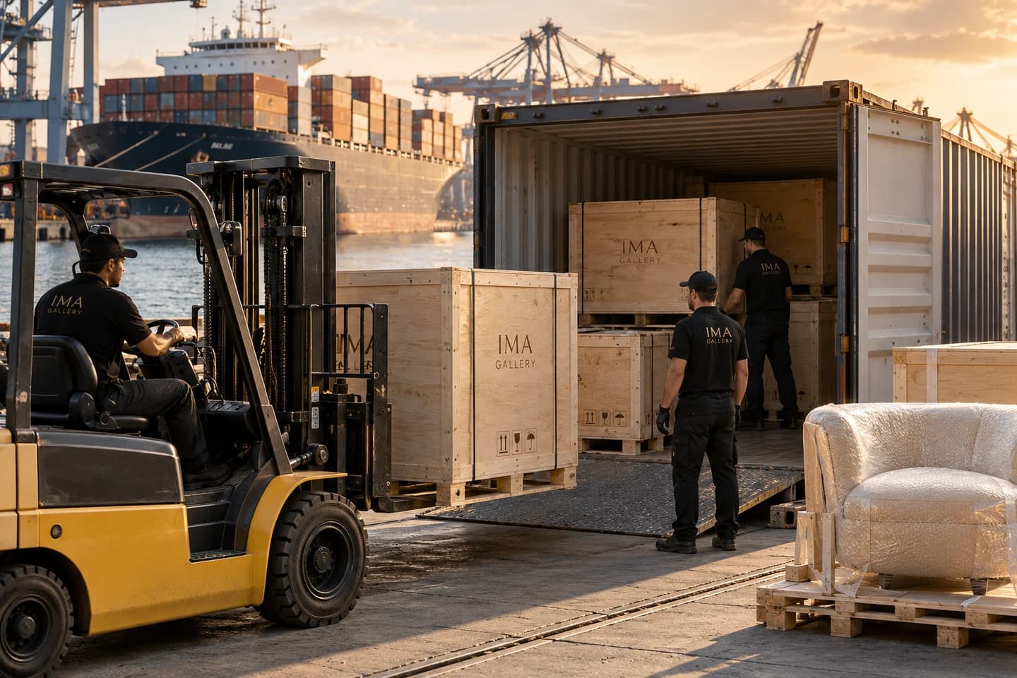Illustrative export crates being loaded into a container at a seaport with a cargo ship in the background